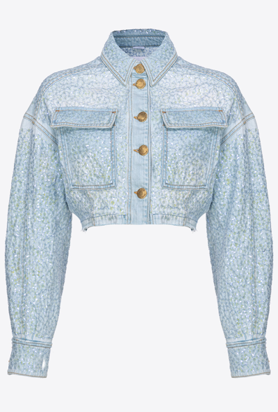 Pinko Sequin-embellished Cropped Denim Jacket In Délavage Clair
