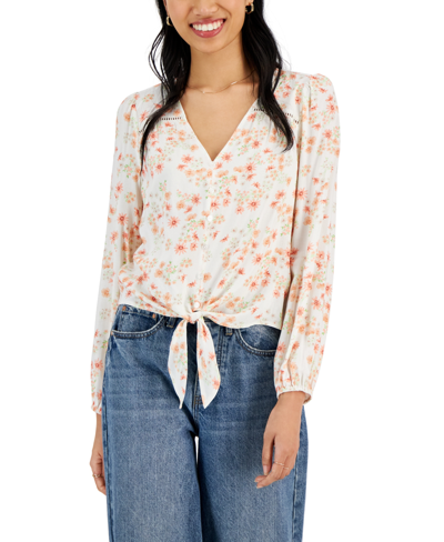 Hippie Rose Juniors' Floral-print Tie-hem Top In Cream Floral