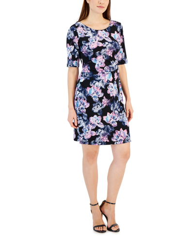 Connected Petite Printed Round-neck 3/4-sleeve Sheath Dress In Orchid