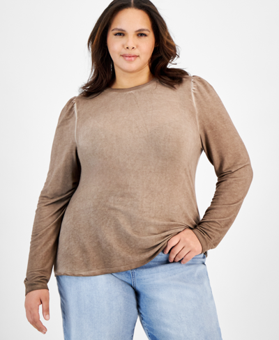 And Now This Plus Size Puffed-shoulder Top In Roasted Chestnut Wash