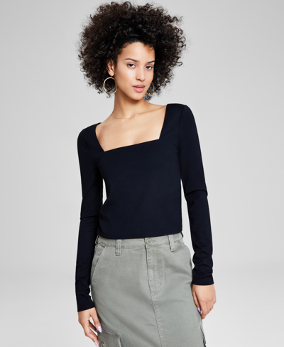 And Now This Women's Square-neck Long-sleeve Top, Created For Macy's In Black