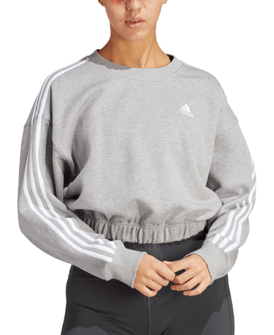 Adidas Originals Women's Three-stripe Cropped Crewneck Sweatshirt In Medium Grey Heather,white
