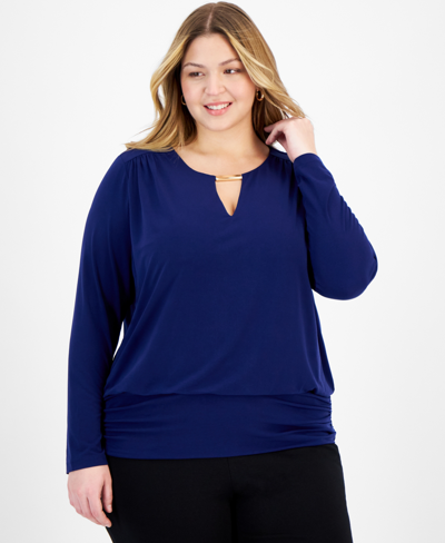 Inc International Concepts Plus Size Hardware-keyhole Top, Created For Macy's In Sapphire Crush