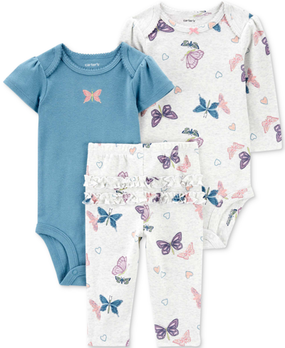 Carter's Baby Girls Butterfly Little Character Cotton Bodysuits And Pants, 3 Piece Set In Gray