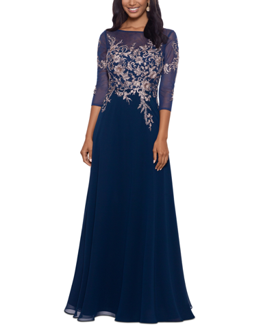 Betsy & Adam Petite Floral-embroidered Mesh Gown In Navy,rose