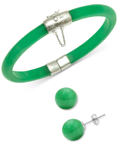 Macy's 2-pc. Set Dyed Green Jade (6mm) Bangle Bracelet & Green Jade (10mm) Stud Earrings In Sterling Silver