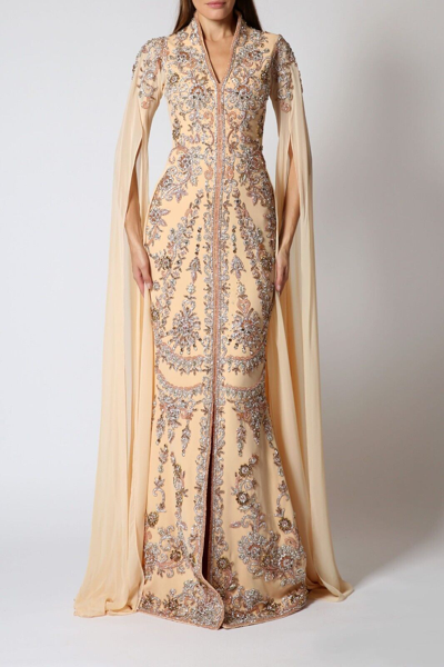 Pre-owned Handmade Cream Dubai Bridesmaid Casual Kaftan Gown Wedding Dress Long Abaya Maxi Moroccan In Yellow