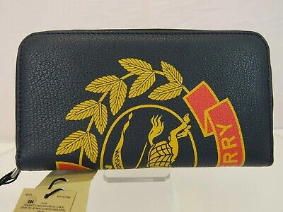 Pre-owned Burberry 8005979 Storm Blue Leather Crest Logo Zip Continental Wallet $640