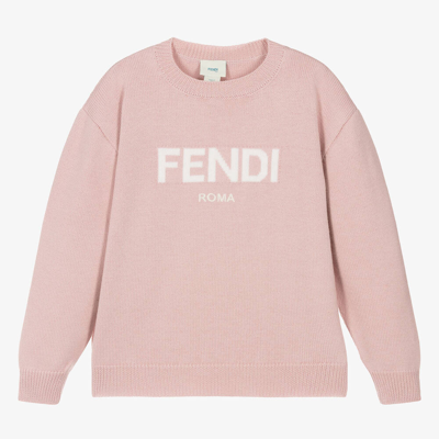 Fendi Kids' Logo提花初剪羊毛毛衣 In Pink