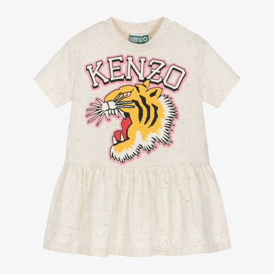 Kenzo Babies'  Kids Girls Ivory Cotton Varsity Tiger Dress In Multicolor
