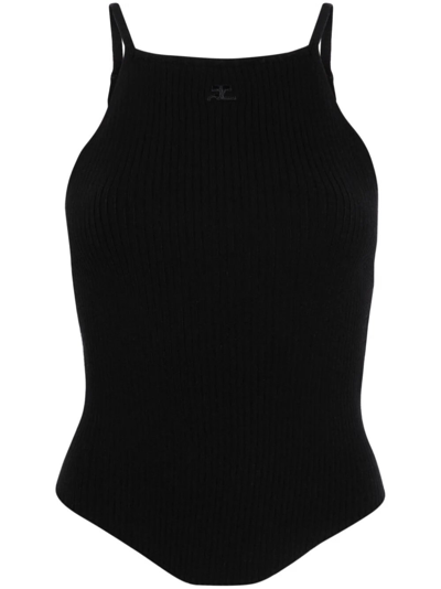 Courrèges Logo-embroidered Fine-knit Top In Black