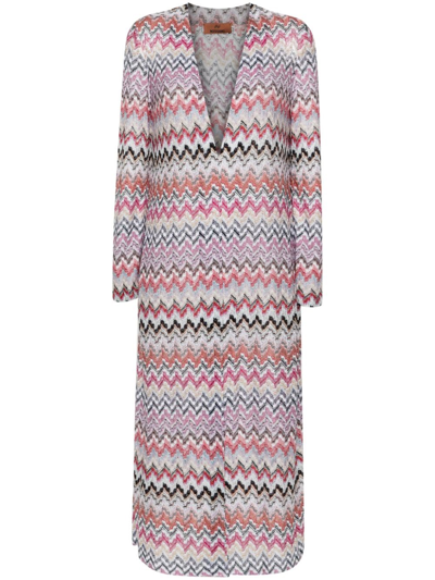 Missoni Open-front Chevron Long-length Cardigan In Pink,multicolor