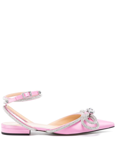 Mach & Mach Double Bow Crystal-embellished Satin Point-toe Flats In Color Carne Y Neutral