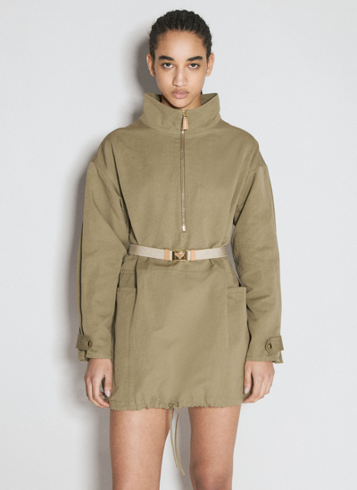 Prada Half-zip Long Sleeve Dress In Khaki