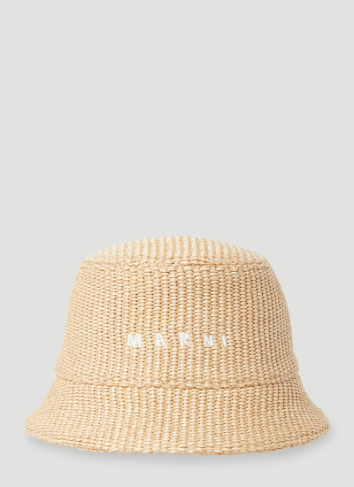 Marni Logo Embroidery Raffia-effect Bucket Hat In Beige