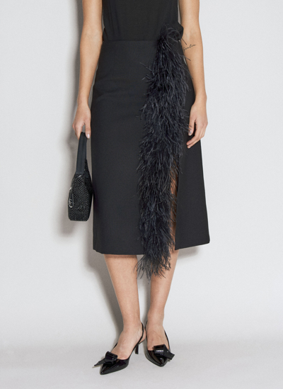 Prada Feather-trimmed Wool Midi-skirt In Black