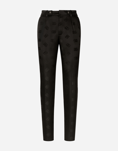 Dolce & Gabbana Nylon Jacquard Pants With All-over Logo In Black