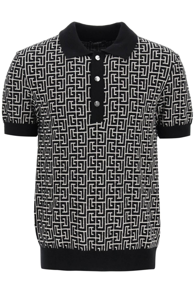 Balmain Monogram-jacquard Merino-blend Polo Shirt In Beige