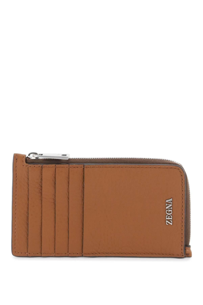 Zegna Grained Leather 10cc Card Holder In Brown