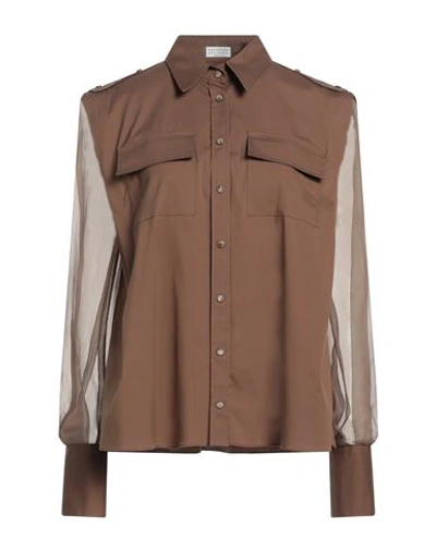 Brunello Cucinelli Woman Shirt Brown Size M Cotton, Polyamide, Elastane, Brass, Silk