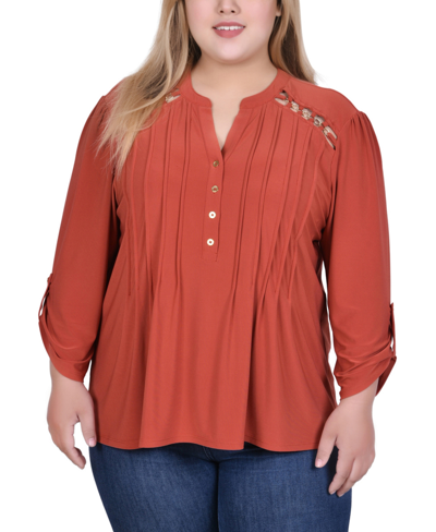 Ny Collection Plus Size Long Sleeve Pintuck Front Top With Chain Details In Bossanova