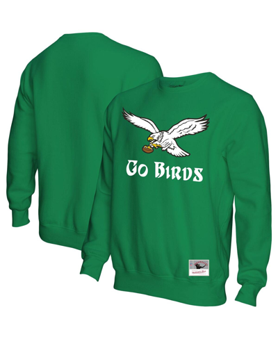 MITCHELL & NESS MEN'S MITCHELL & NESS KELLY GREEN DISTRESSED PHILADELPHIA EAGLES GO BIRDS PULLOVER SWEATSHIRT