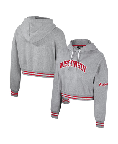 THE WILD COLLECTIVE WOMEN'S THE WILD COLLECTIVE HEATHER GRAY DISTRESSED WISCONSIN BADGERS CROPPED SHIMMER PULLOVER HOODI