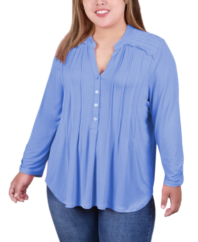 Ny Collection Plus Size Long Sleeve Pleat Front Y-neck Blouse With Rounded Hem In Vista Blue