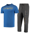 CONCEPTS SPORT MEN'S CONCEPTS SPORT HEATHERED CHARCOAL, ROYAL DISTRESSED PITT PANTHERS METER T-SHIRT AND PANTS SLEE