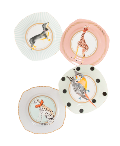 Yvonne Ellen Giraffe, Leopard, Dog, Birds Tea Plates, Set Of 4 In Multi