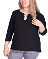 NY COLLECTION PLUS SIZE 3/4 SLEEVE CREPE KNIT TOP WITH 3 RINGS