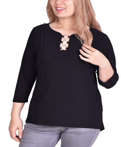 Ny Collection Plus Size 3/4 Sleeve Crepe Knit Top With 3 Rings In Black