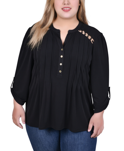 Ny Collection Petite Pin Tuck Front Top With Chain Details In Black