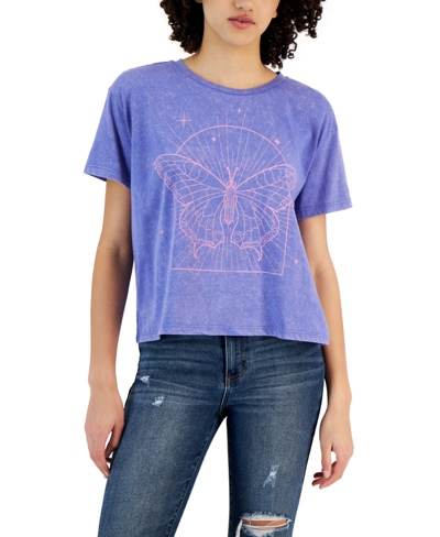 Grayson Threads, The Label Juniors' Crewneck Short-sleeve Butterfly Graphic T-shirt In Blue Mineral Wash