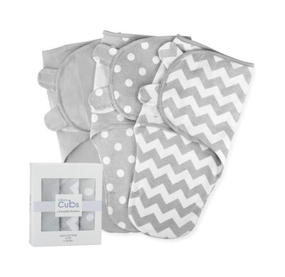 Comfy Cubs Baby Boys And Baby Girls Cotton Easy Swaddle Blankets, Pack Of 3 With Gift Box In Gray