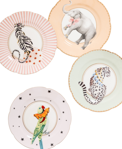 Yvonne Ellen Tiger, Leopard, Elephant, Parrot Tea Plates, Set Of 4 In Multi