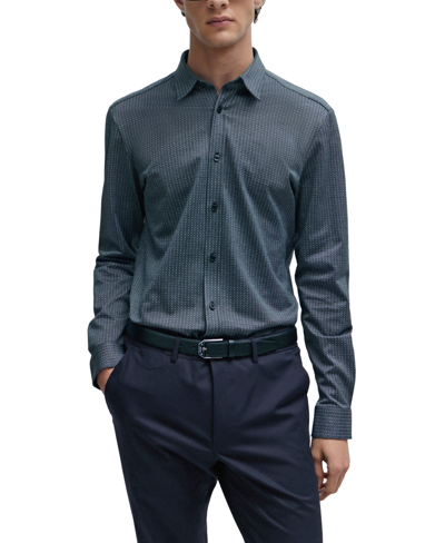Hugo Boss Slim-fit Shirt In Structured Cotton Jacquard In Dark Blue