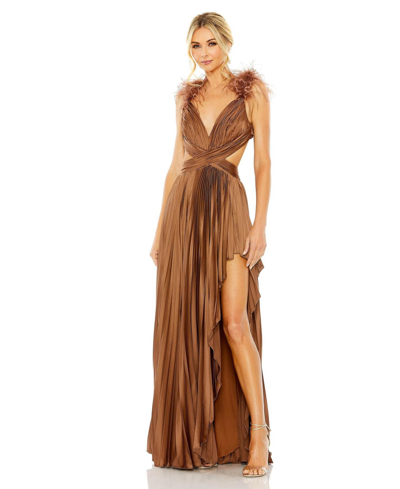 Mac Duggal Pleated Feather Cap Sleeve Open Back Gown In Chocolate