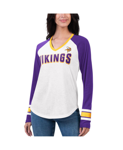G-iii 4her By Carl Banks Women's  White, Purple Minnesota Vikings Top Team Raglan V-neck Long Sleeve In White,purple