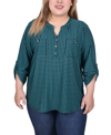 Ny Collection Plus Size Long Tab Sleeve Top With Pockets In Fanfare Black Houndstooth