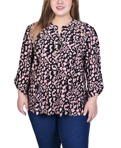 Ny Collection Plus Size Long Sleeve Pintuck Front Top With Chain Details In Animal Lilas Dot
