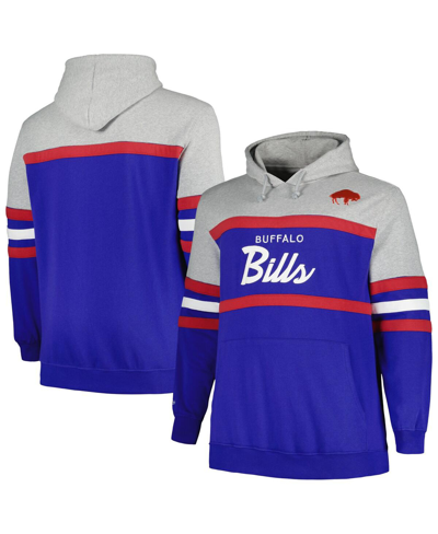 MITCHELL & NESS MEN'S MITCHELL & NESS HEATHER GRAY, ROYAL BUFFALO BILLS BIG AND TALL HEAD COACH PULLOVER HOODIE