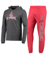CONCEPTS SPORT MEN'S CONCEPTS SPORT RED, HEATHER CHARCOAL NC STATE WOLFPACK METER LONG SLEEVE HOODIE T-SHIRT AND JO