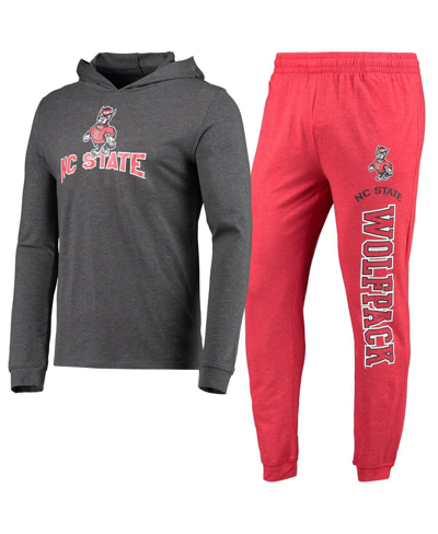 Concepts Sport Red/heather Charcoal Nc State Wolfpack Meter Long Sleeve Hoodie T-shirt & Jogger Paja In Red,heather Charcoal