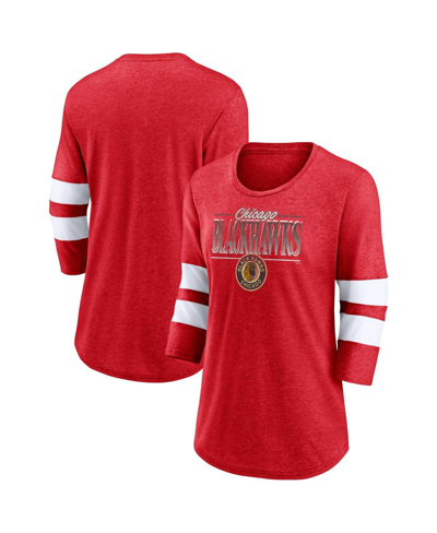 Fanatics Women's  Heathered Red, White Distressed Chicago Blackhawks Full Shield 3/4-sleeve Tri-blend In Heathered Red,white