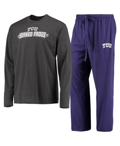 CONCEPTS SPORT MEN'S CONCEPTS SPORT PURPLE, HEATHERED CHARCOAL DISTRESSED TCU HORNED FROGS METER LONG SLEEVE T-SHIR
