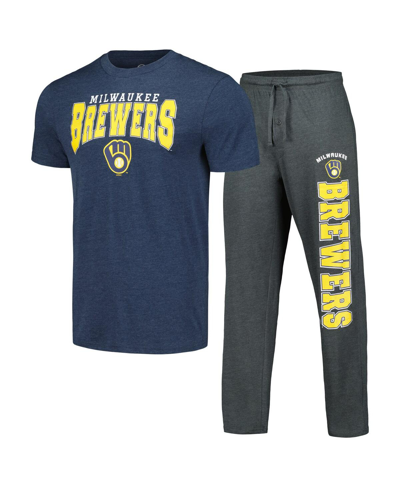 Concepts Sport Men's  Charcoal, Navy Milwaukee Brewers Meter T-shirt And Pants Sleep Set In Charcoal,navy