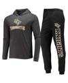 CONCEPTS SPORT MEN'S CONCEPTS SPORT BLACK, HEATHER CHARCOAL UCF KNIGHTS METER LONG SLEEVE HOODIE T-SHIRT AND JOGGER