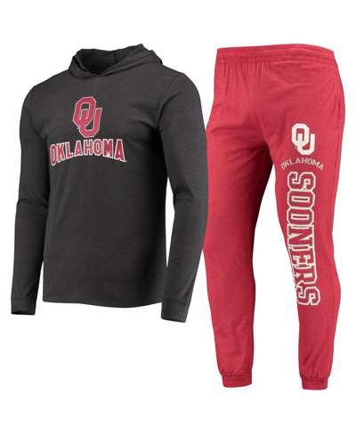 CONCEPTS SPORT MEN'S CONCEPTS SPORT CRIMSON, HEATHER CHARCOAL OKLAHOMA SOONERS METER LONG SLEEVE HOODIE T-SHIRT AND