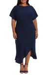 London Times Eyelet Short Sleeve Tulip Hem Midi Dress In Navy